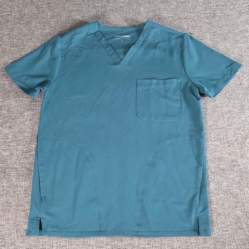 Mandala Mens Equa-Tek V-Neck Scrub Top Teal XS Short Sleeve Pocket
